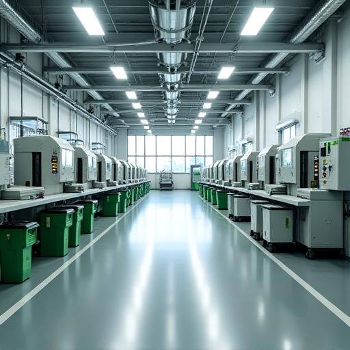 Clean, modern manufacturing floor with green technology indicators, highlighting MapleStride Athletics' commitment to sustainable production.